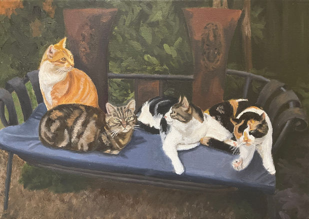 An oil painting of a group of cats sitting on an ornate metal garden seat.