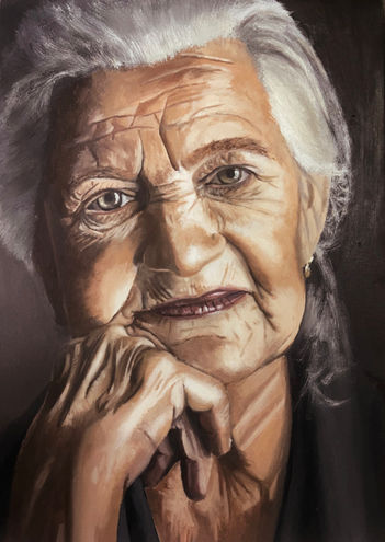An oil painting portrait of an old woman with wrinkled features and white hair resting her hand on one side of her chin.