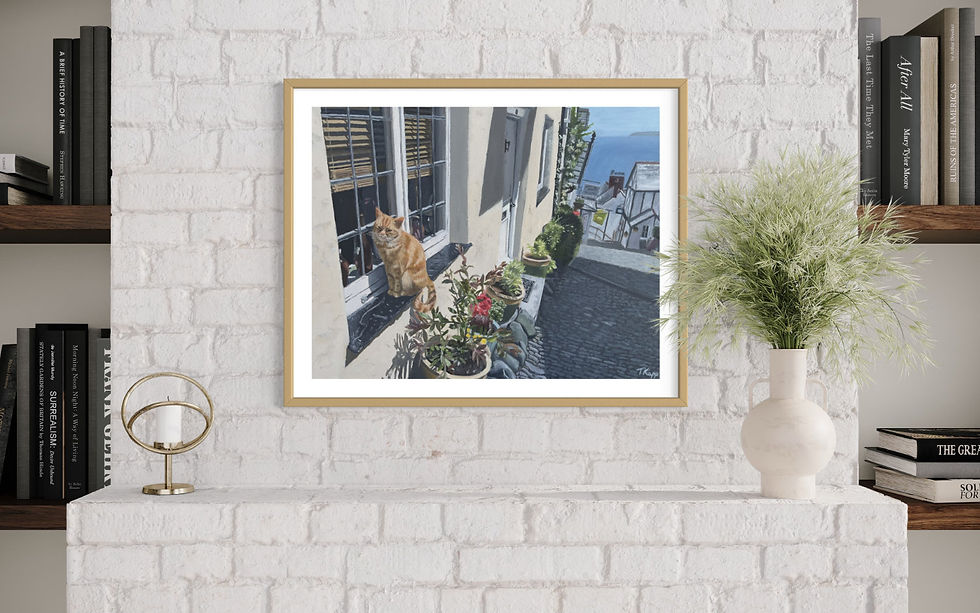 Thumbnail: Clovelly Cat oil painting Giclee print - medium print with oak frame