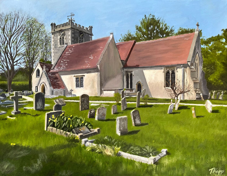A painting of All Saints Church, Chilton forms a background for the Contact form.