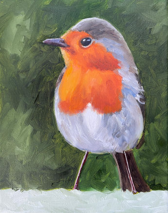 An oil painting of a brightly-coloured robin against a green background.
