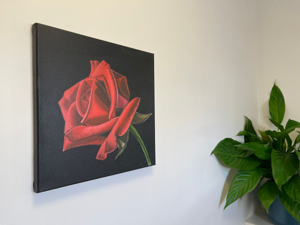 Thumbnail: An oil painting of a red rose against a black background