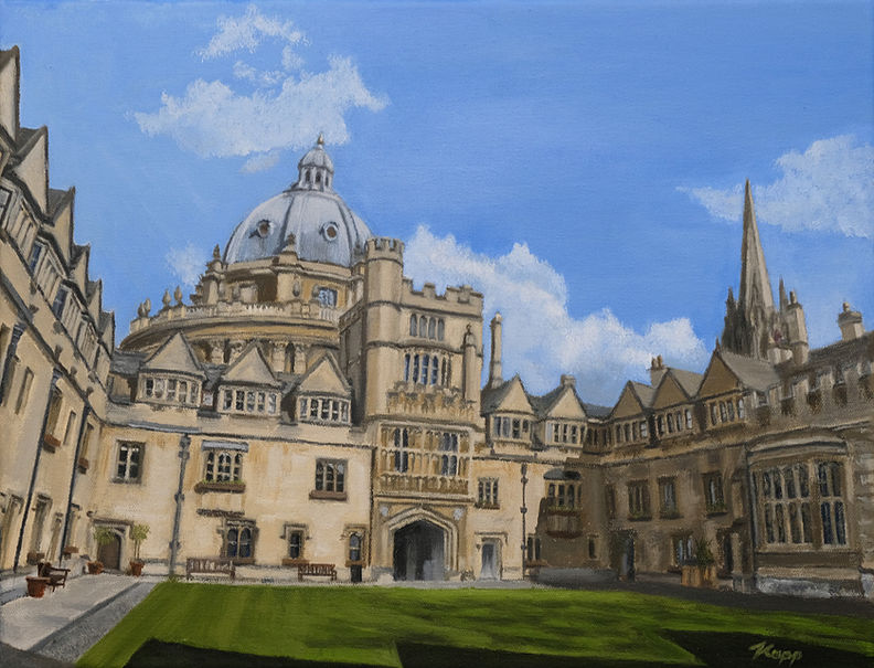 An oil painting of Brasenose College, an old building constructed from rich sand-coloured stone, as viewed from the main quad. Straight ahead sits the ornate gatehouse while on either side, wings form a square with an expanse of lush green grass at its centre. Behind the buildings, the dome of the Radcliffe Camera and the spire of St Mary's Church can be seen.