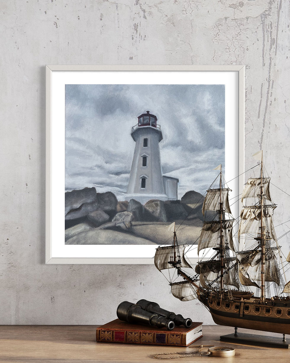 Thumbnail: Lighthouse oil painting Giclee print - medium print with white frame