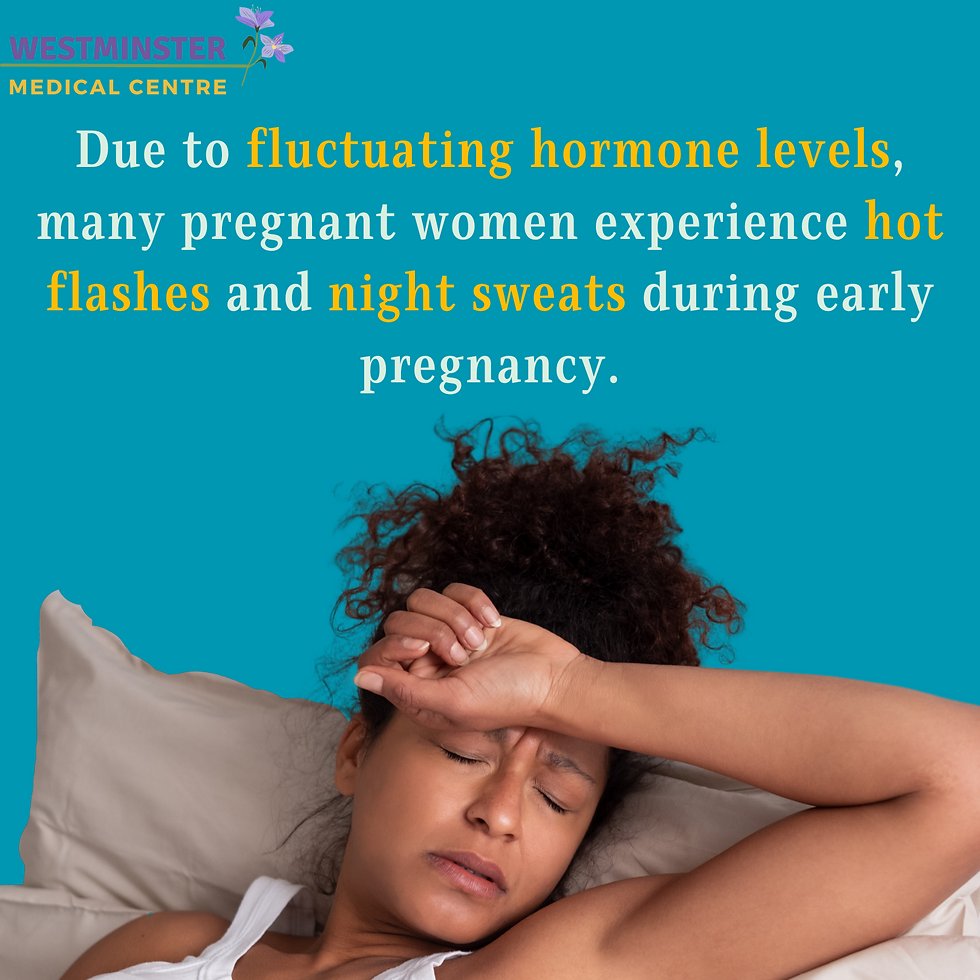 A picture of a woman lying in bed, with her hand on her forehead, as if she is hot. The text reads: “Due to fluctuating hormone levels, many pregnant women experience hot flashes and night sweats during early pregnancy.” The Westminster Medical Jamaica logo is in the top right corner.