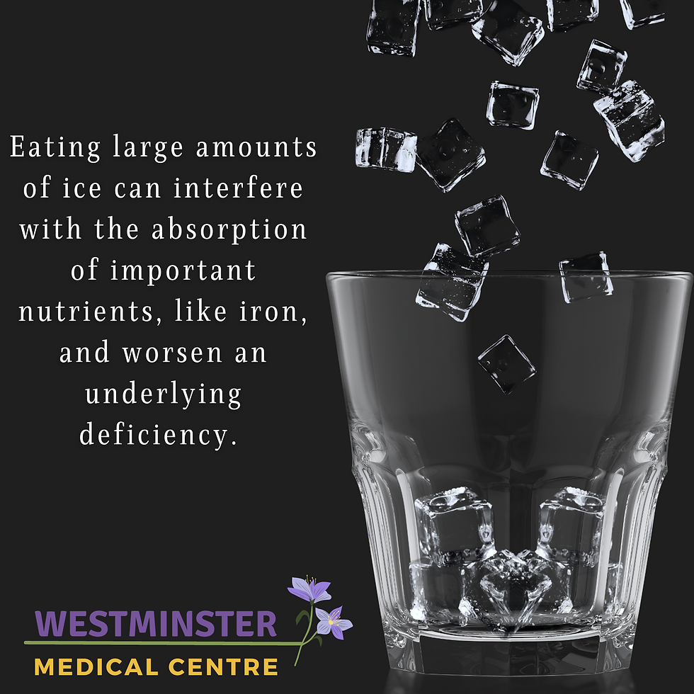A graphic showing a glass with ice, and several ice cubes falling into it. The text reads: “Eating large amounts of ice can interfere with the absorption of important nutrients, like iron, and worsen an underlying deficiency.” The Westminster Medical Jamaica logo is in the bottom right corner.