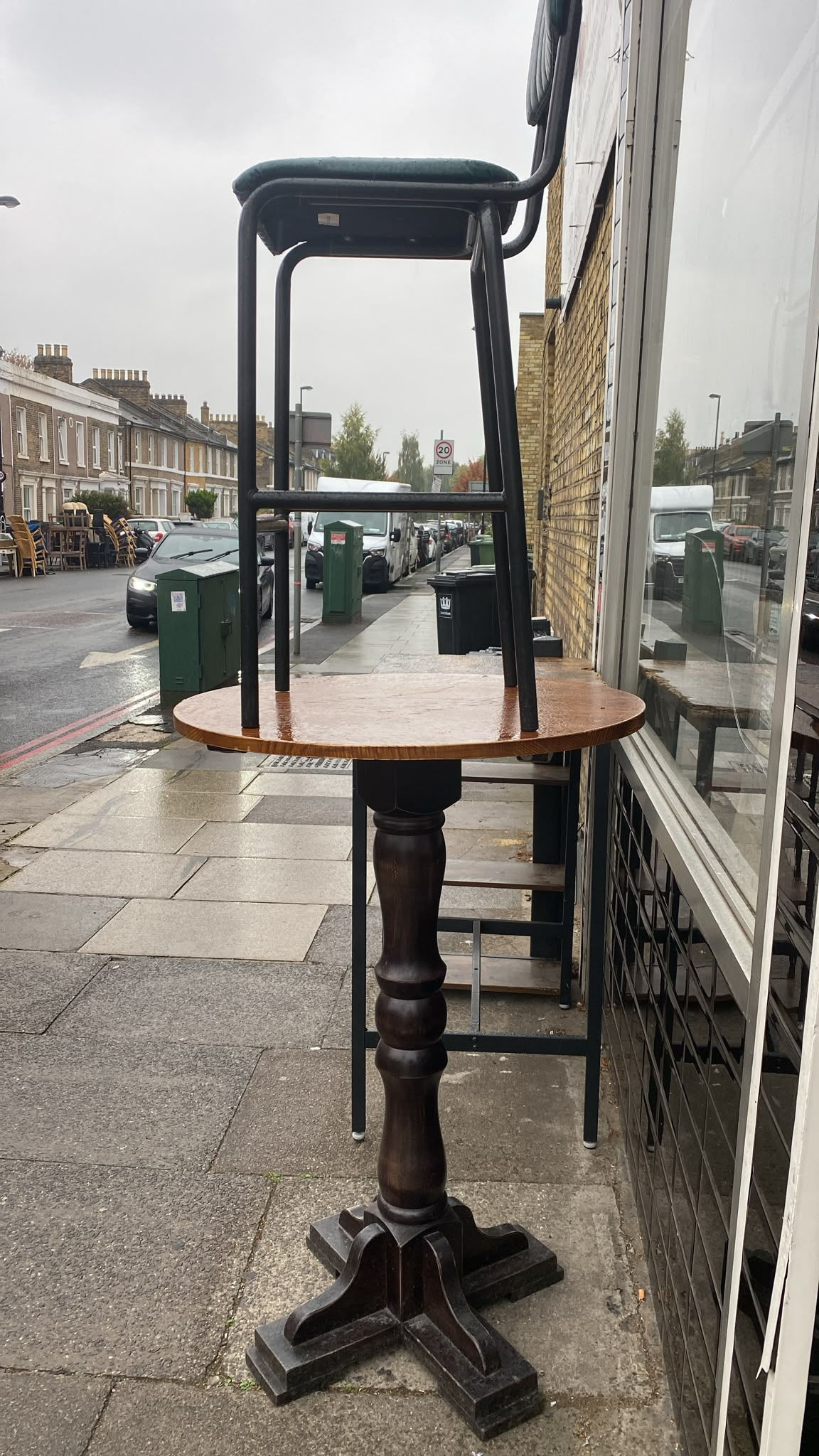 Four round Bar Tables with eight Metal and washable wipeable material seats