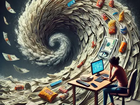 A picture representing a wave of bad habits cascading over a woman.