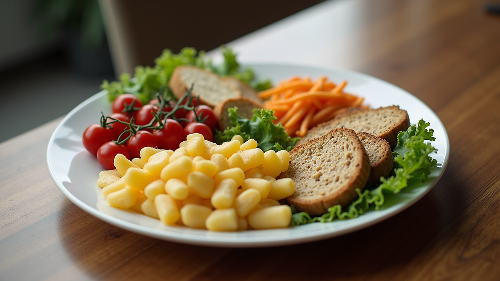 High angle view of a balanced plate divided into sections for carbs, protein, and fats