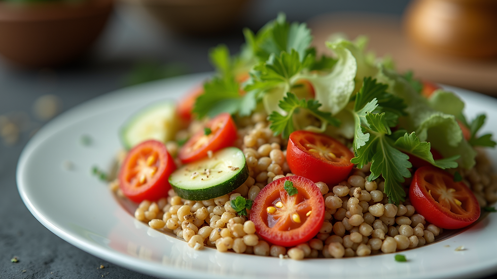 Eye-level view of a colorful plate with vegetables, grains, and protein