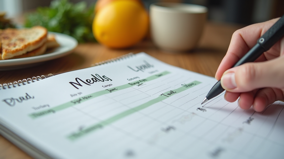 Close-up of a weekly meal planner with healthy food options