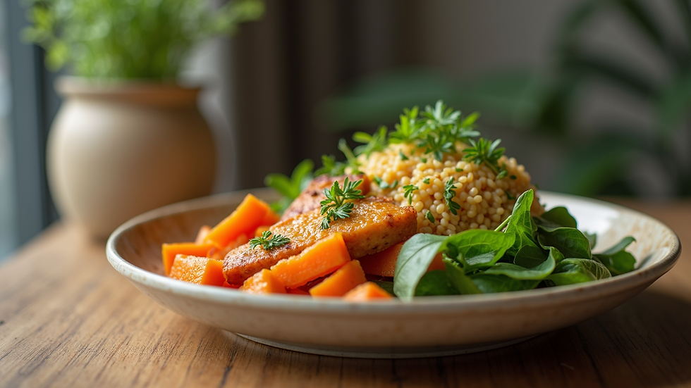 Eye-level view of a balanced meal with vegetables and protein
