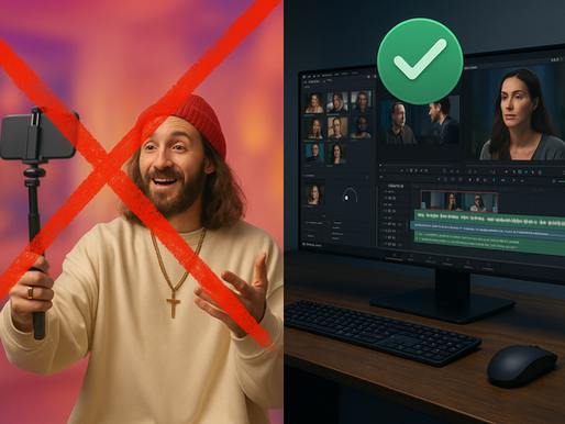 Imagen dividida en dos mitades estilo split-screen. A la izquierda, un hombre con apariencia de 'Jesús moderno' graba un video estilo TikTok con un selfie stick, usando gorro rojo, cadena con cruz y fondo colorido cálido tipo redes sociales. Esta mitad está marcada con una gran 'X' roja. A la derecha, una estación de trabajo profesional muestra DaVinci Resolve abierto con una edición multicámara en pantalla y un ícono de inteligencia artificial sobrepuesto; esta mitad tiene una gran paloma de verificación verde. La iluminación y estética son más frías y profesionales del lado derecho.