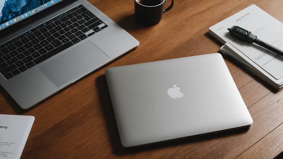 High angle view of a MacBook and warranty documentation