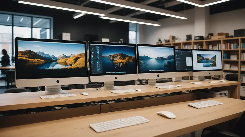 Eye-level view of a computer service shop interior with MacBooks on display
