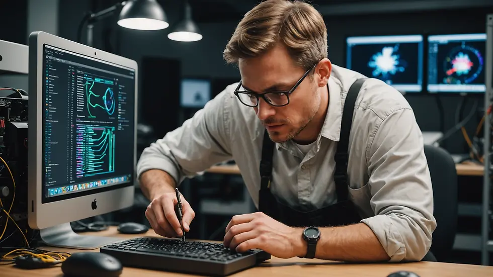 Eye level view of a technician repairing a Mac