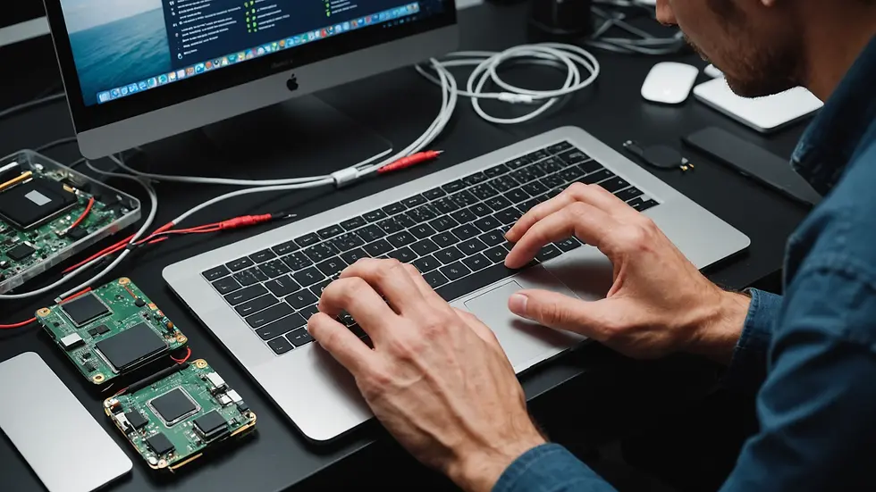High angle view of a technician repairing a MacBook