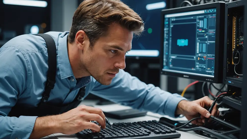 Close-up view of a technician examining a computer