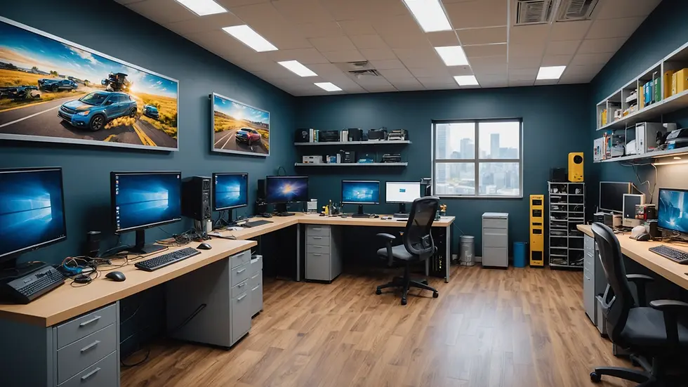 Eye-level view of a modern computer repair shop with a welcoming environment