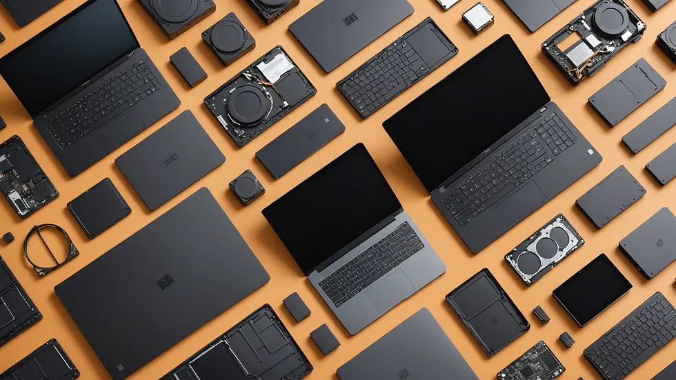 High-angle view of replacement parts for laptops