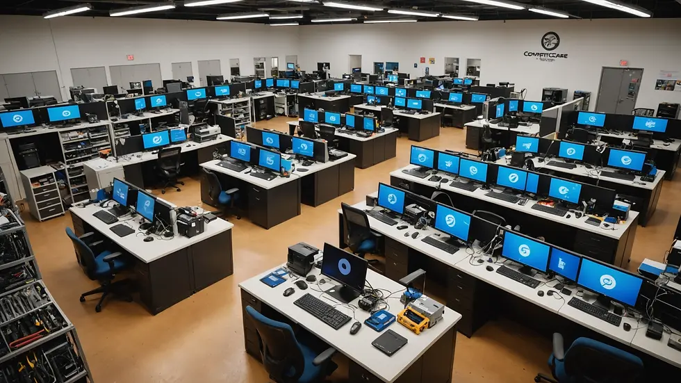 High-angle view of ComputerTechCare’s repair center filled with tools and parts