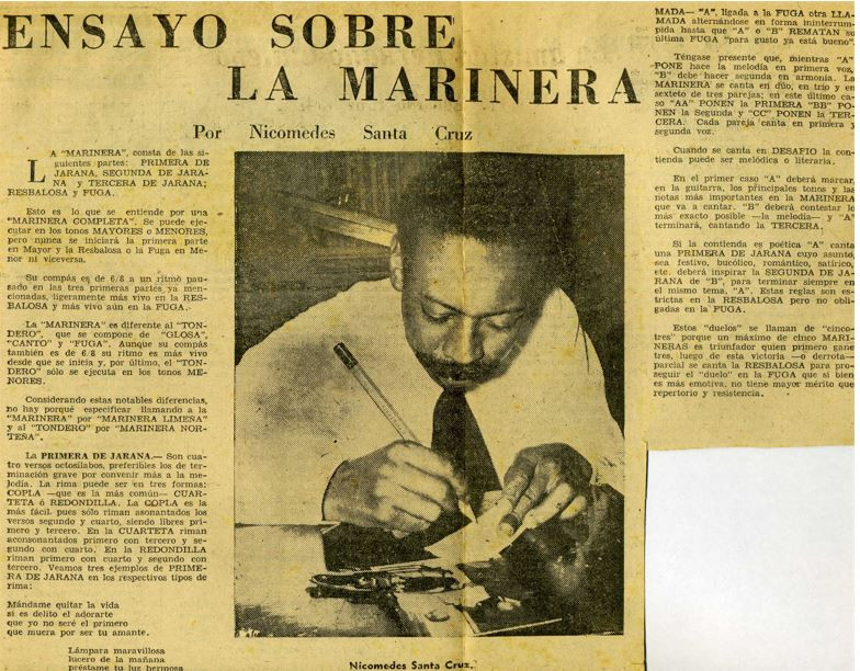 "El Comercio" 1 de junio de 1958. "Ensayo sobre la Marinera". Por Nicomedes Santa Cruz. (Su primer artículo periodístico)