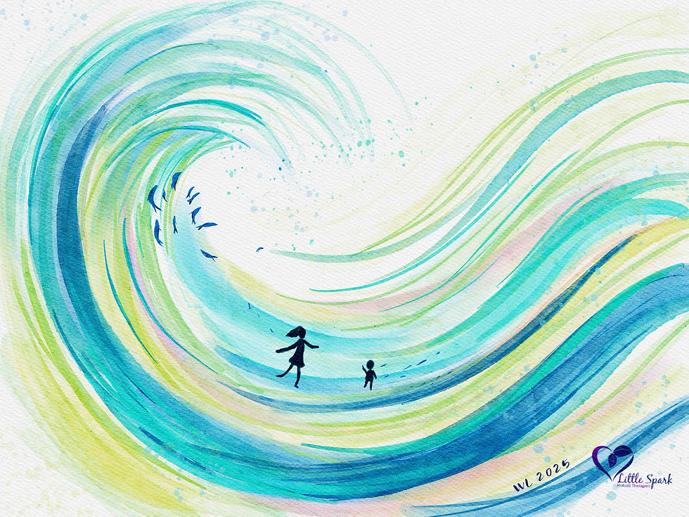 A parent and child navigate the flowing waves of life, illustrating the profound connection and reflection of the child's presence within the parent's inner world.
