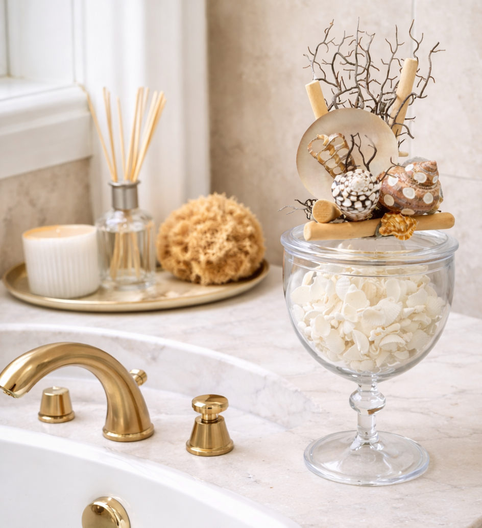 Thumbnail: Handmade Coastal Acrylic Apothecary Jar with Shells & Wood– One of a Kind