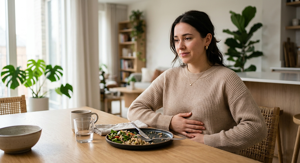 A person feeling bloated after eating and holding their stomach at the table