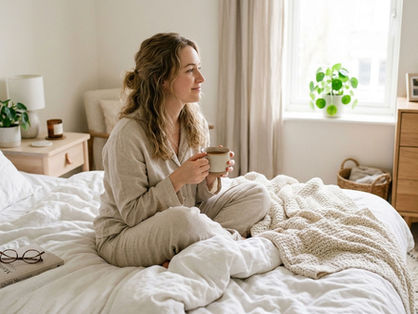 Woman in the morning with a comfortable, flat stomach before the day begins