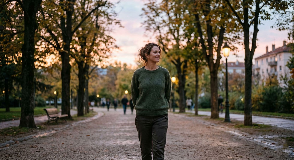 Person taking a short walk after dinner to support digestion and reduce evening bloating
