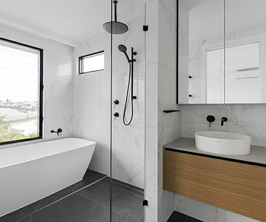 Modern walk-in shower with rainfall showerhead, 2-day bathroom remodel in Victoria BC