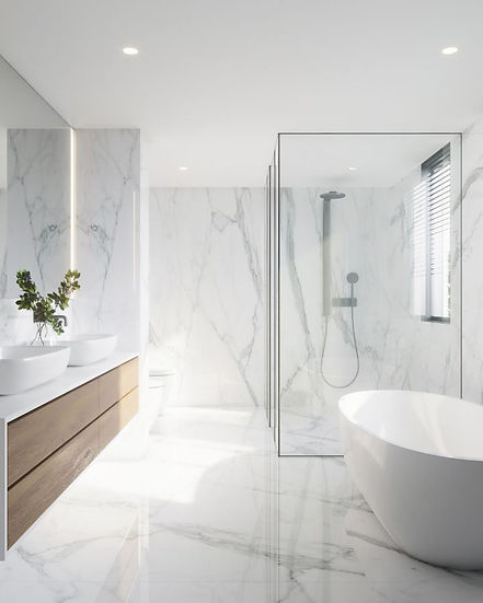 Modern glass shower and freestanding tub, custom bathroom renovation