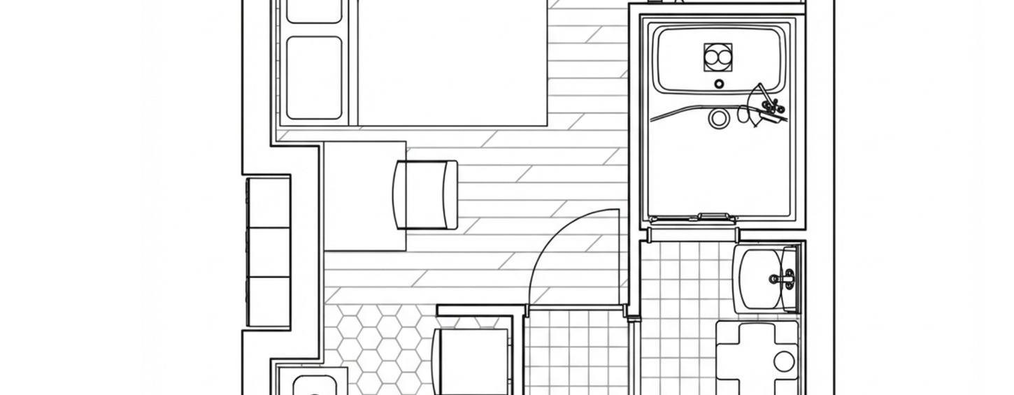 2D architectural floor plan of a Lohus furnished apartment in Tokyo uenopark, showing the  room layout with dedicated living, kitchen, and bathroom zones for expat residents