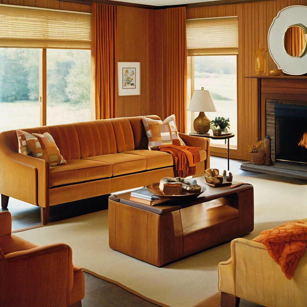 Cozy living room with an orange sofa, pillows, and a matching armchair. A fireplace, wooden coffee table, and autumn decor create warmth.