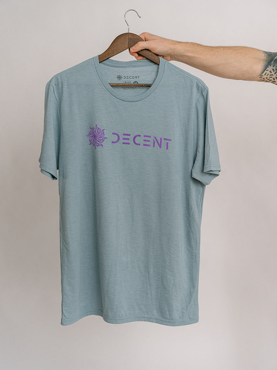 Light blue t-shirt with purple Decent Threads logo