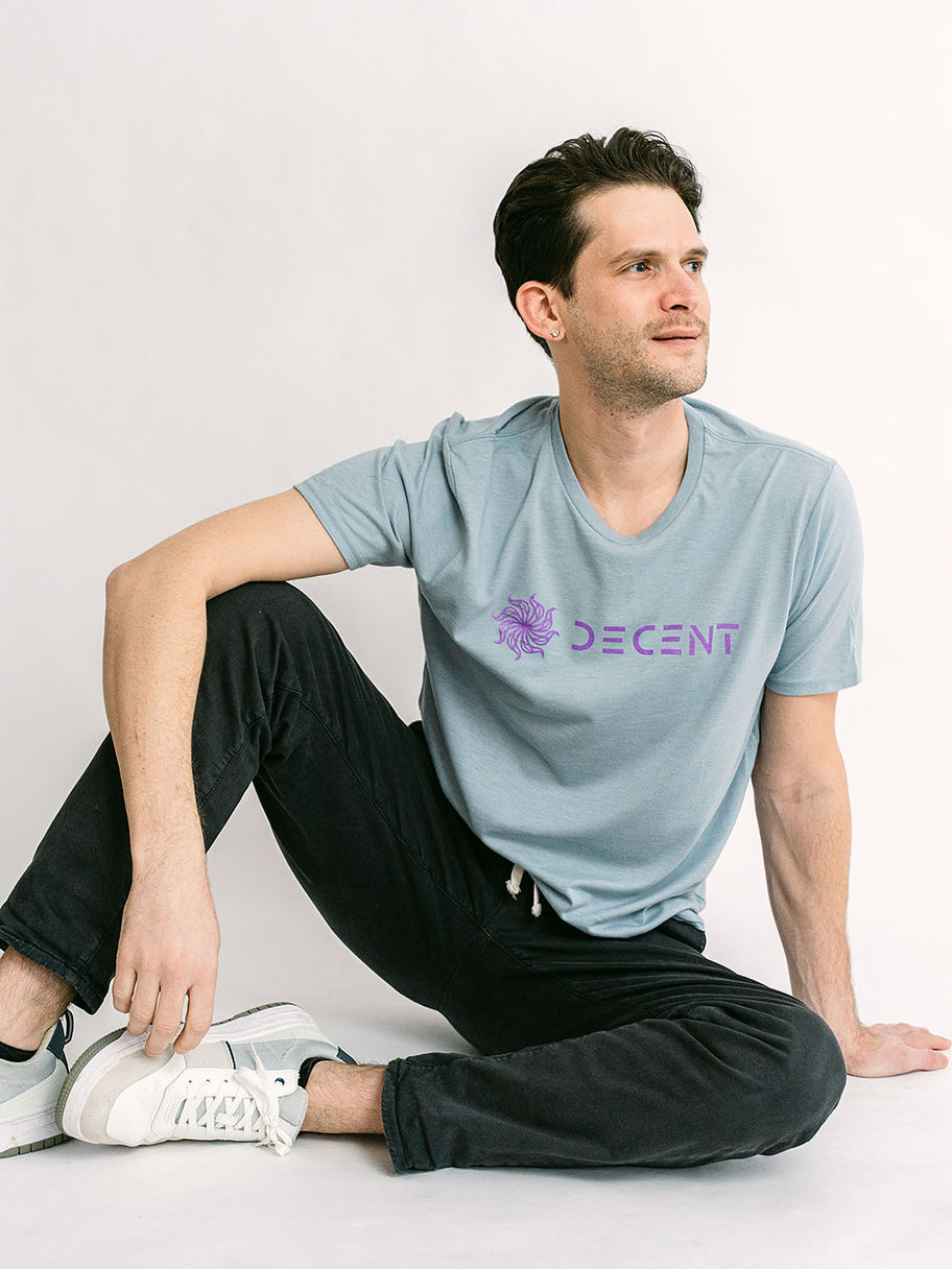 Man wearing Decent Threads light blue t-shirt