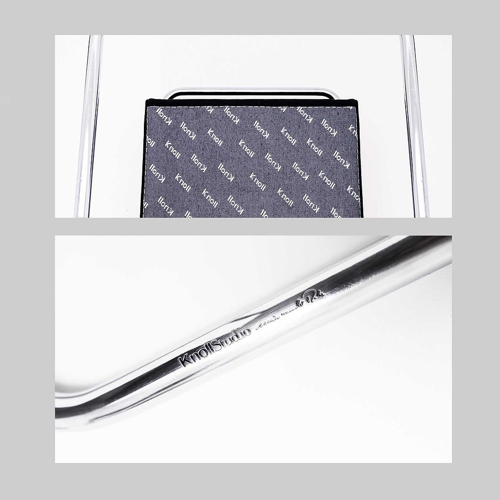 Thumbnail: Knoll branding on fabric and metal on MR50 BRNO tubular chrome and black fabric dining chairs