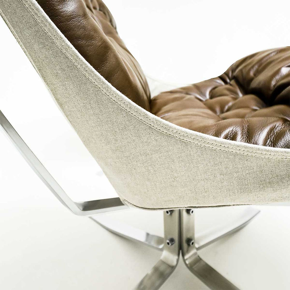 Thumbnail: Detail of  leather and chrome Vatne Møbler, Sigurd Ressell Falcon chairs with canvas sling