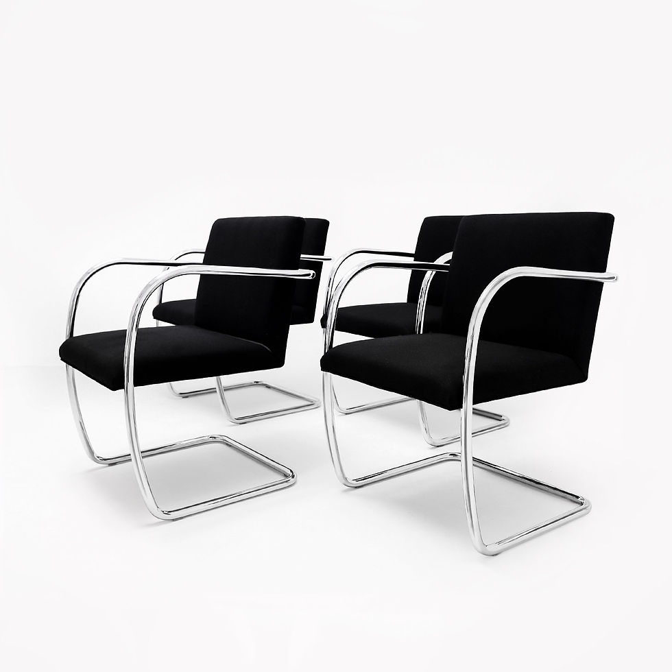 Thumbnail: Set of 4 vintage Mies van der Rohe Knoll, MR50 BRNO tubular chrome and black fabric dining chairs