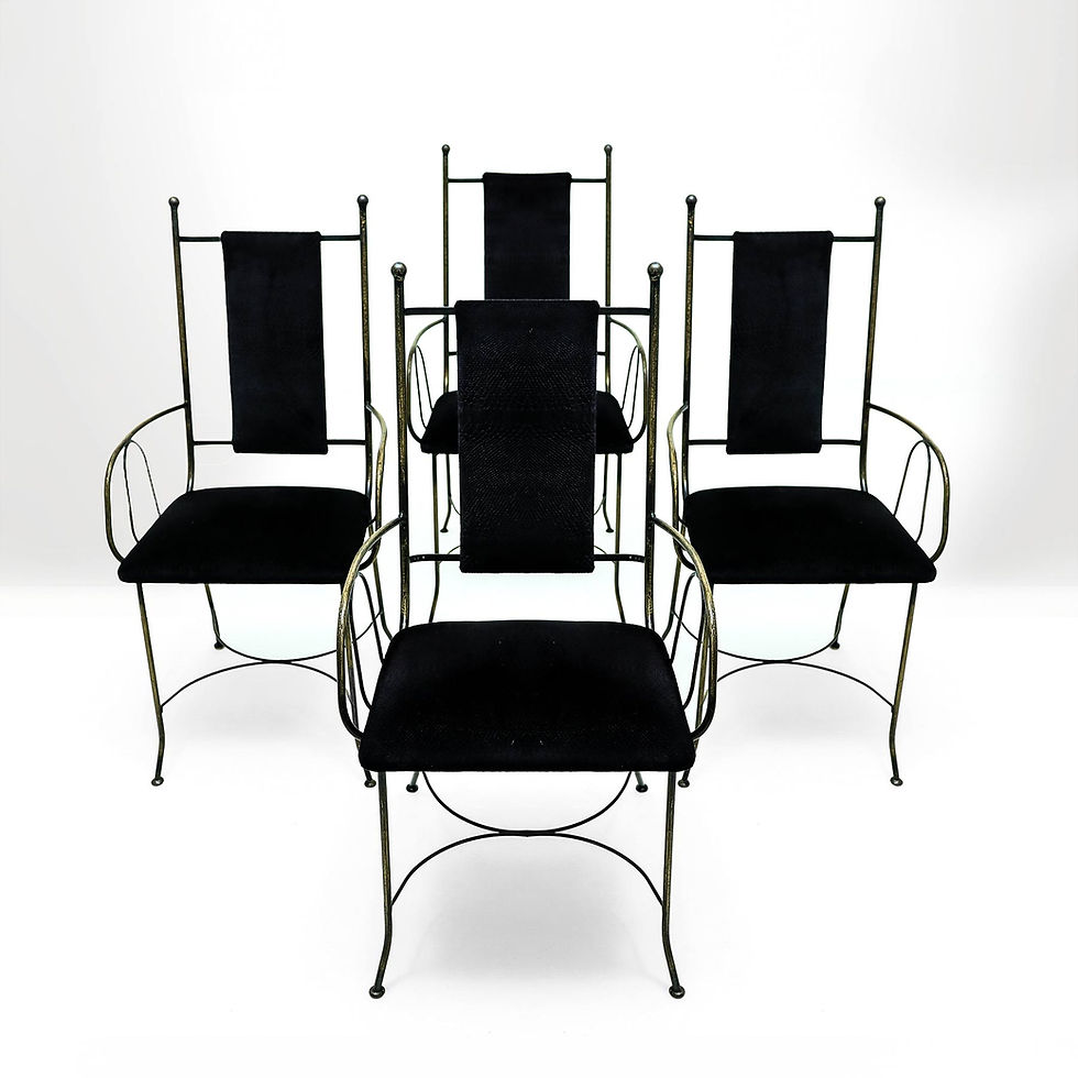 Thumbnail: Unusual cast brass and fossilised granite topped table and 4 wrought iron chairs