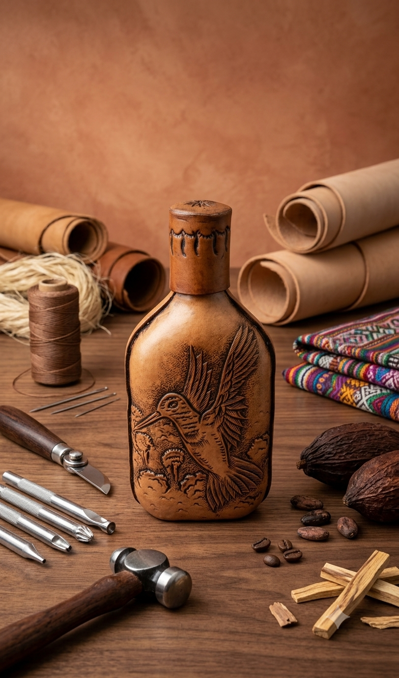 Botellas pequeñas forradas con cuero cincelado a mano en alto relieve