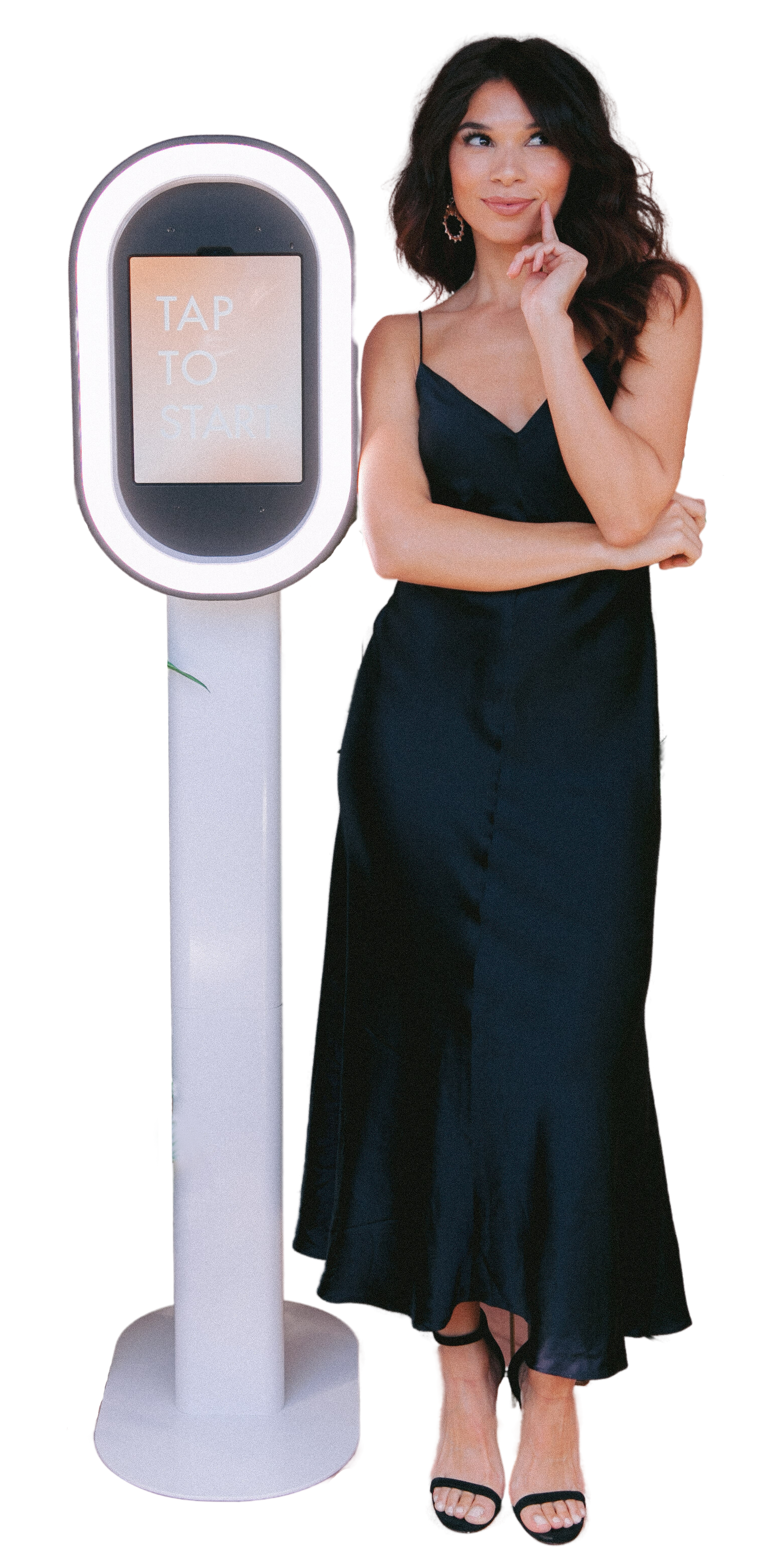 Woman standing beside a digital photo booth with 'Tap to Start' screen. Take A Shot Photo Booth rental for events and parties