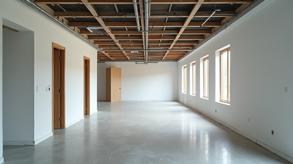Eye-level view of an unfinished office space with exposed ceilings and partition walls
