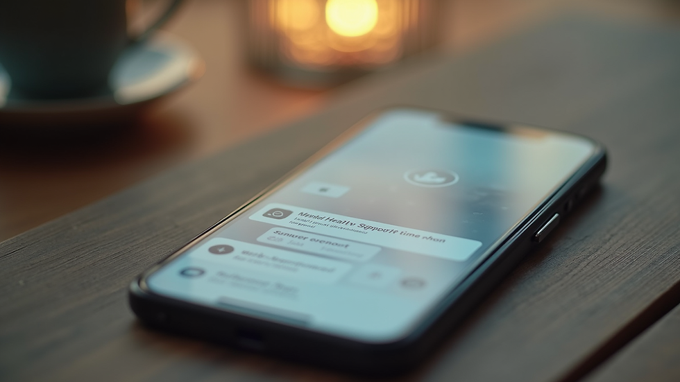 Close-up view of a smartphone displaying a mental health support chat app