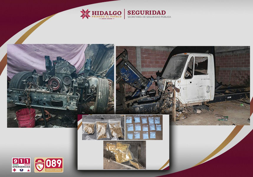 SSPH asegura predio en Tizayuca usado para desarmar tractocamiones robados.