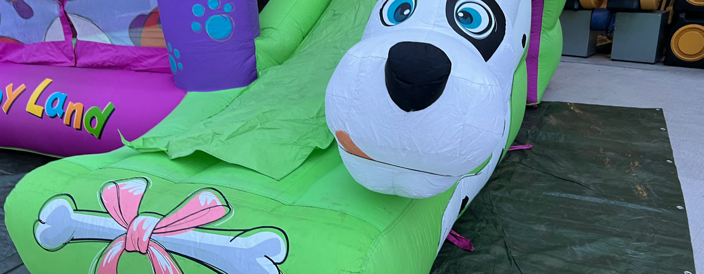Bunte Hüpfburg Puppyland mieten für Kinbderfeste und Geburtstage bei Hopp Hopp Events in Bielefeld