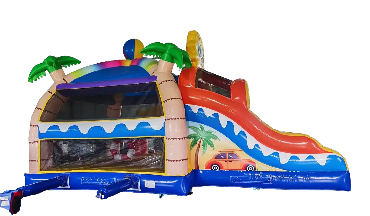 Aufblasbare Hüpfburg mit Rutsche, tropischem Design, Palmen und Auto-Grafik.