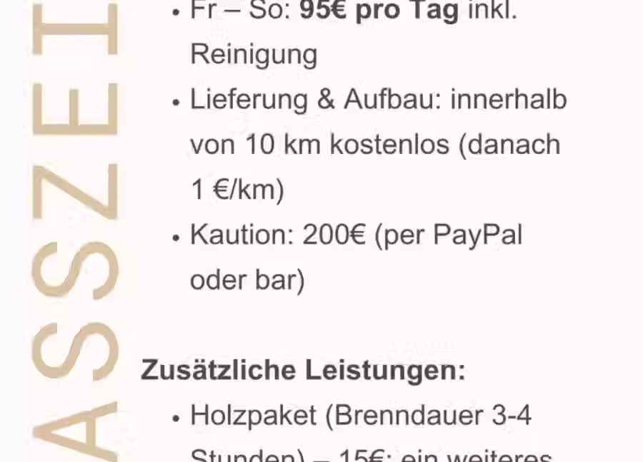 Fasssauna mieten
	•	mobile Sauna
	•	Fass-Banja
	•	Saunaverleih Bielefeld / Umgebung
	•	Sauna Zuhause / Garten Sauna
	•	Holzofen Sauna
	•	Wellness zu Hause
	•	Sauna Event Mietservice
	•	Sauna Erlebnis
	•	Sauna Mietpreis
	•	Sauna Lieferung / Aufbau
	•	Sauna Ausstattung