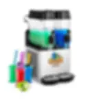 Slush-Eismaschine mit grünem und blauem Slush, Bechern, Limetten, und SLUSH-Logo.